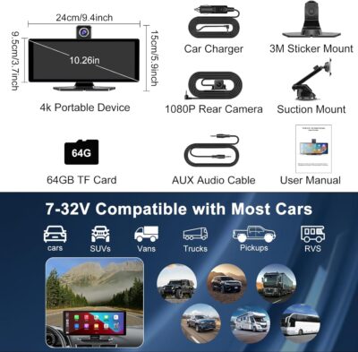 Carplay Screen for Car,10.26" HD Car Stereo for Apple Carplay & Android Auto -with Rotatable 4K Dash Cam & HD Backup Camera, Dual Front/Inside Recording, GPS Navigator for Cars,Trucks - Image 9