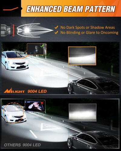 Nilight 9007 LED Bulbs, 350% Brighter, 10000LM HB5 LED High and Low Dual Beam Bulbs 6000K Cool White, Compact Size, Pack of 2 - Image 3