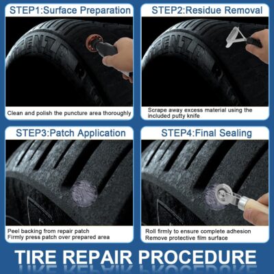 Air Tire Repair Polish Patch Kit Heavy Duty - Includes 2500RPM Air Tire Buffer, Tire Inner Liner Scraper, 4 Tungsten Steel Buffing Wheel, Patch Roller, & Wire Brush - Professional Tire Patch Tools - Image 7
