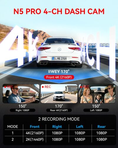 N5 PRO 4K 4 Channel Dash Cam, 360° All-Around View, 1080P Rear and Inside, 5G WiFi 6 - Up to 10MB/s, Built-in GPS, 8 IR Night Vision, G-Sensor, 24H Parking Mode, Free 128GB SD Card Included - Image 3