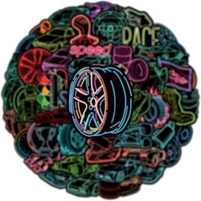 50pcs Neon Car Theme Sticker,Waterproof Vinyl Stickers - Automobile Race Decor & Party Favors Gifts for Laptop, Water Bottle, Skateboard Guitar (Neon Sticker-3) - Image 2