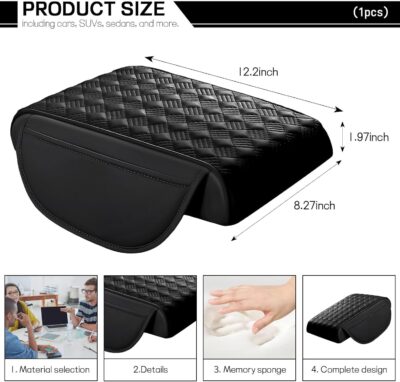 Car Armrest Cushion, 12.2"×8.3" Leather Auto Memory Foam Center Console Pad with Storage Pocket, Waterproof & Anti-Scratch Elbow Pillow Armrest Seat Box Protector, Universal Fit (Black) - Image 2