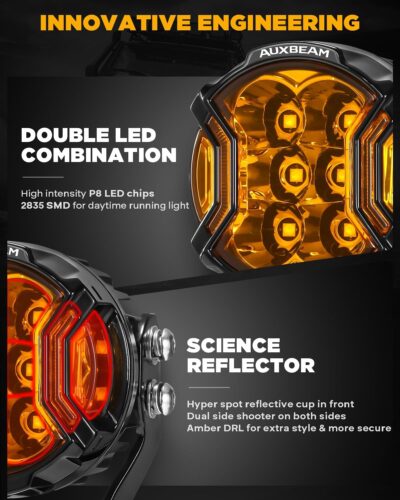 Auxbeam V-Ultra Series 3 Inch 108W Amber Fog Light Pods, DRL Function 3 Modes & Protective Covers, 270° Side Shooter Light Bar, Hyper Spot Beam Offroad Lights, for Truck ATV UTV Car Motorcycle, Pair - Image 2