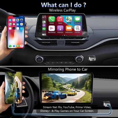 Wireless CarPlay Adapter with Wired DP Video Streaming for Net-Flix YouTube TikTok, Screen Mirroring for iOS & Android, Voice Control Navigation Music Calls, Compatible with Wired CarPlay Gray - Image 2