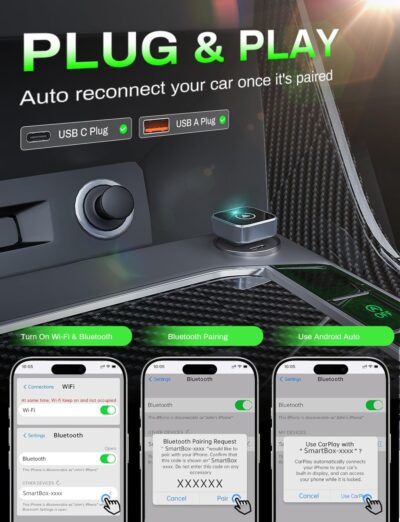 2-in-1 Wireless CarPlay Adapter 2026 Support Apple CarPlay & Android Auto, Mini Bluetooth USB A & USB C Dongle Convert Wired to Wireless Compatible with iPhone & Android - Image 4
