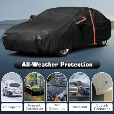 for Kia Soul Car Cover 2010-2025, All Weather Waterproof Car Cover for Toyota Prius Nissan Leaf with Zipper Door & Windproof Bands for Rain Snowproof UV Windproof Protection Scratch Resistant (Black) - Image 6