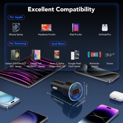 USB C Car Charger, 4 Port 78W USB Car Charger Adapter Fast Charging Multi Port Cigarette Lighter Adapter with Voltmeter Type C Phone Car Accessories for iPhone 17/16/15/14, Samsung Galaxy, iPad - Image 7