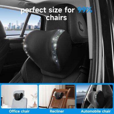 2 Pack Diamond Car Neck Pillow for Women, Memory Foam Neck Pillow for Chair for Lower Back Pain Relief, Car Headrest Pillow with Adjustable Strap, Comfort Softness Neck Support Pillow(Black) - Image 2