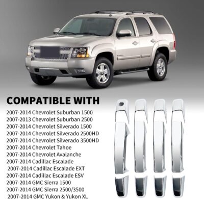 Chrome Door Handle Covers Trim Compatible with Chevrolet Silverado Tahoe Suburban Avalanche 2007-2013 GMC Yukon Sierra 2007-2014 Escalade 2007-2014 for 4 Doors Without Passenger Keyhole - Image 4