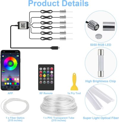Interior Car LED Lights with Wireless APP/RF Remote Control, RGB 6 in 1 Ambient Lighting Kit with 315 Inches Fiber Optic,16 Million Color Neon Strip Inside Sync to Music,Car Decorations Accessories - Image 7