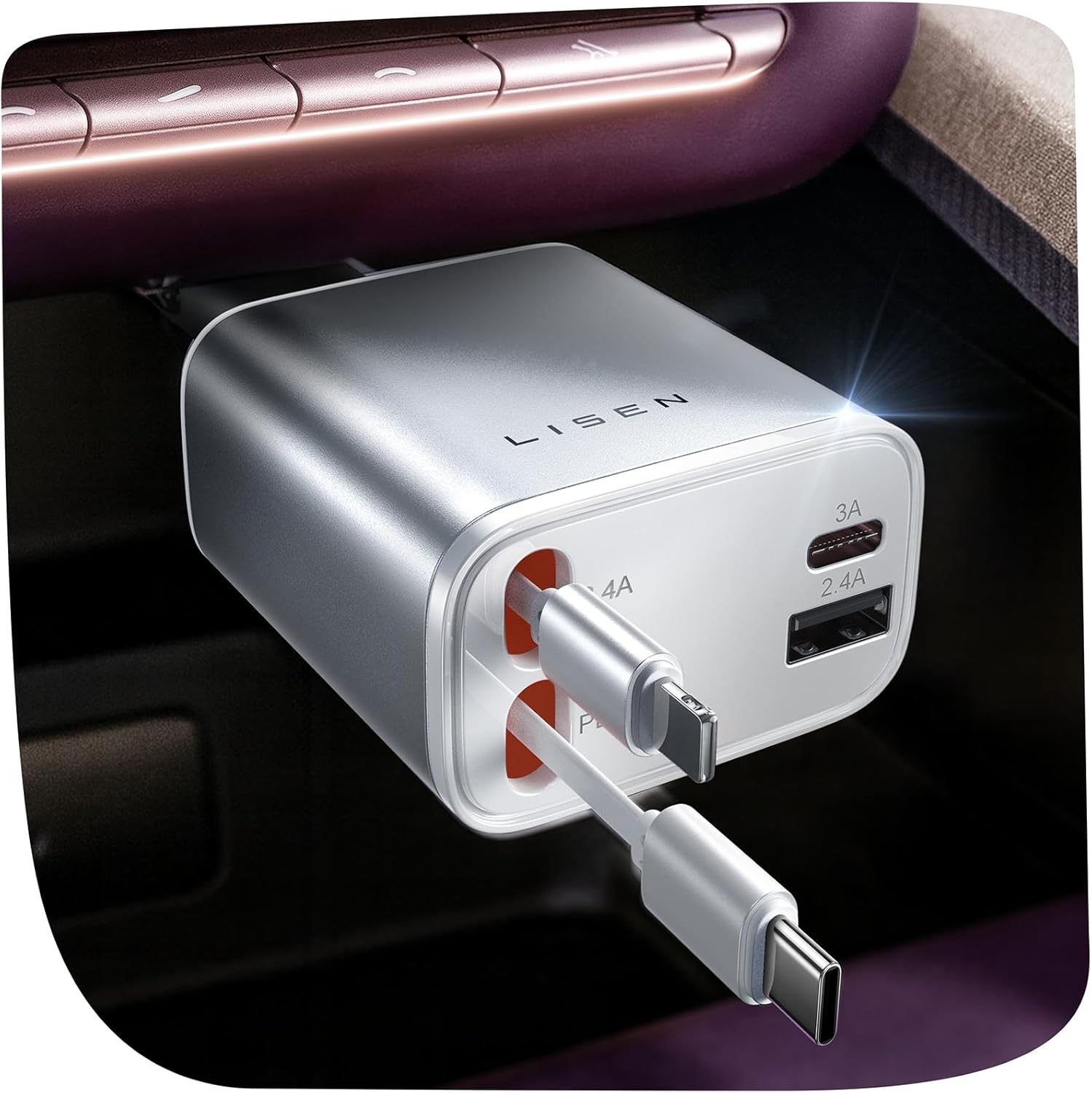 71-vLYuoiTL._AC_SL1500_.jpg LISEN White Retractable Car Charger, for Gifts for Him Her, for iPhone 17, Cute 4 in 1 Retractable USB C Car Charger for Women, 75W Fast Charging Car Accessories for iPhone & Samsung S26 & Android - Image 1