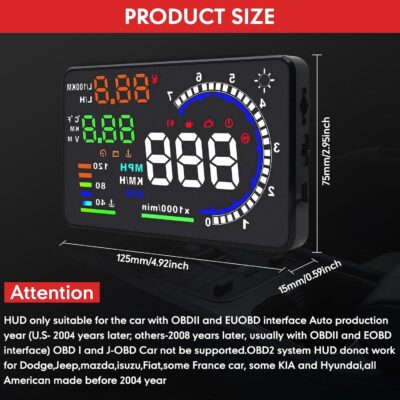5.5" Windshield Head Up Display for Car,OBDII/EUOBD Interface Plug Car Hud Screen with Water Temperature, Mileage, RPM, Multiple Alarms - Image 5