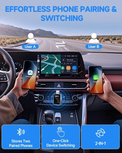 FAHREN 2026 Upgraded Android Auto & CarPlay Wireless Adapter Apple iPhone, One Click Multi Device Switching, Ultra-Fast 5.8GHz WiFi, Bluetooth 6, Plug & Play USB-A/C for 2016+ Car Models - Image 3