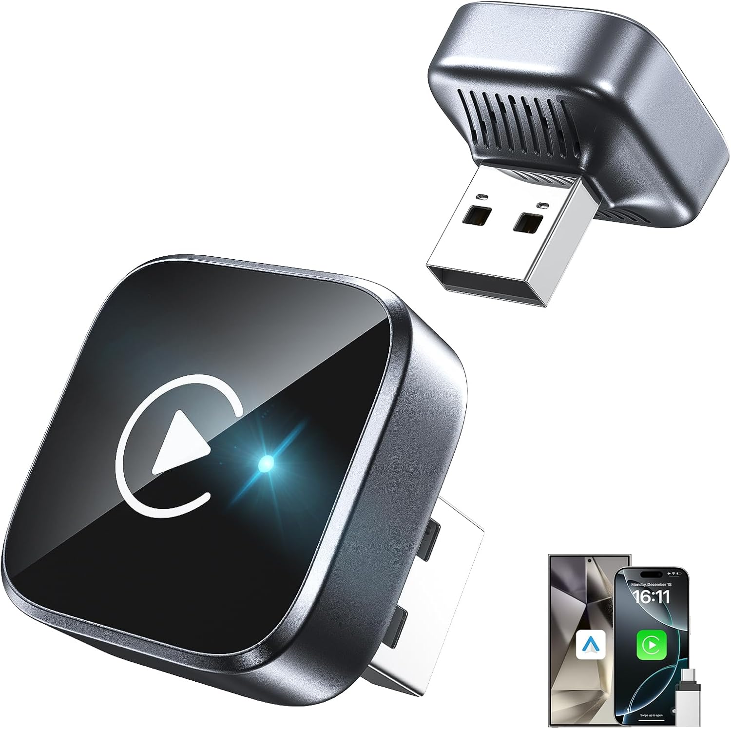 710IJAbzu1L._AC_SL1500_.jpg 2-in-1 Wireless CarPlay Adapter 2026 Support Apple CarPlay & Android Auto, Mini Bluetooth USB A & USB C Dongle Convert Wired to Wireless Compatible with iPhone & Android - Image 1