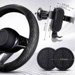 CAR PASS Leather Rubber Steering Wheel Covers Set,Heavy Duty Steering Wheel Covers&Mobile Phone Holder, Tire Tread Pattern Design,Non-Slip Wear-Resistant,Suitable for Steering Wheel 14 1/2”-15”Black - Image 4