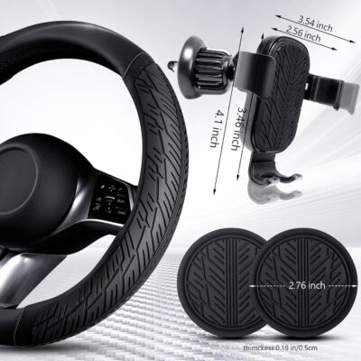 CAR PASS Leather Rubber Steering Wheel Covers Set,Heavy Duty Steering Wheel Covers&Mobile Phone Holder, Tire Tread Pattern Design,Non-Slip Wear-Resistant,Suitable for Steering Wheel 14 1/2”-15”Black - Image 4