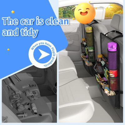 Car Backseat Organizer with Tablet Holder,11 Storage Pockets with Foldable Food Tray, Protector Kick Mats for Kids, Travel Accessories Organizer (Black, 2-Pack) - Image 4