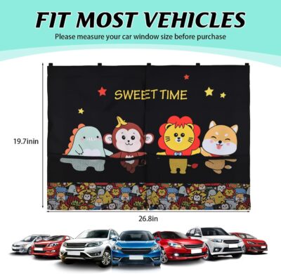 Car Window Shades for Baby, 2 Pack Magnetic Double Layer Car Sun Shade Baby with Storage Pockets, Adjustable Privacy Blackout/See-Through Cartoon Pattern Window Curtains for Kids UV Protection - Image 6
