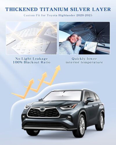 Portable Windshield Sunshade Umbrella for Toyota Highlander 2020-2025 with Carry Bag, 2 in1 Ice Crystal Durable Compact Shade Umbrella UPF50+ UV Front Window Heat Insulation Protection Outdoor Camping - Image 2
