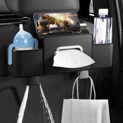 Car Back Seat Organizer with 1 Pack of 80 Tissues, Car Seat Back Tissue Box, and Storage Hook, Multi-Functional Organizer for Phone, Drinks, Handbag, Garbage Bags, Fits Most Car Models - Image 4
