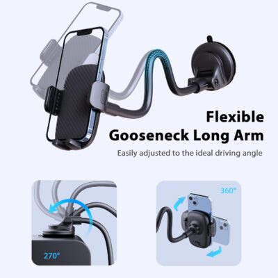 Qifutan Phone Holder - 14-Inch Long Arm Windshield Car Cell Phone Holder Anti-Shake Stabilizer Automobile Mount for iPhone Android Smartphones - Image 6