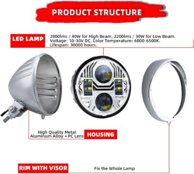 FATECIM 4.5" Bullet Round Motorcycle LED Headlight with Visor 4 1/2 Inch Motorbike Hi/Lo Beam Headlamp Bottom Mount Heavy Duty for Harley Kawasaki Honda Yamaha Suzuki Chopper Cafe Racer Bobber Chrome - Image 3