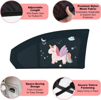 Car Window Shades for Baby, 2 Pack Car Sun Shades with UV Protection, Universal Fit Stretchable Side Window Sunscreen Sun Shades with Unicorn Motifs, Rear Window Shades for Kids - Image 5