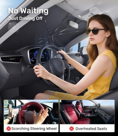 Zanch 2025 Upgraded Car Windshield Sun Shade [Cool Down by 75℉ ] with Heat Insulation Coating, Foldable Sunshade Umbrella Flexible Handle & Ribs, Medium (57''x32'') for Car, SUV, Truck, Van - Image 8