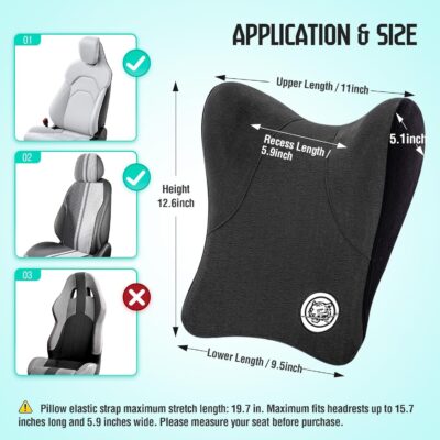 Car Neck Pillow for Driving Seat, Soft Memory Foam Headrest Pillow with Adjustable Strap and Removable Cover, Ergonomic Neck Support for Car, Office Chair, Gaming Chair – Dark Grey - Image 2
