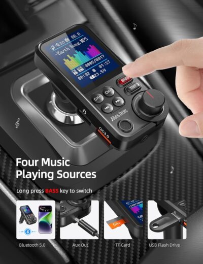Nulaxy Bluetooth Car Adapter 1.8" Color Screen Strong Mic, QC3.0 Fast Charger Wireless FM Radio Transmitter with Treble & Bass Sound Music Player, Hands-Free Calls, Supports AUX/TF Card/USB Drive - Image 4