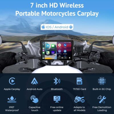 W722 for Motorcycle CarPlay & Android Auto,7" Waterproof Smart GPS Navigation System Screen,Car Play Moto with Light Sensor,Dual Bluetooth,Siri/G-Assist,EQ,USB/Hardwired Power Supply - Image 2