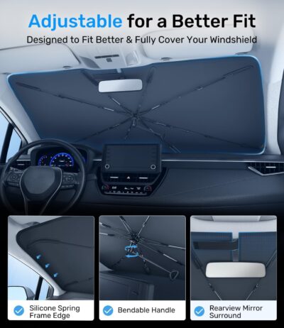 Zanch 2025 Upgraded Car Windshield Sun Shade [Cool Down by 75℉ ] with Heat Insulation Coating, Foldable Sunshade Umbrella Flexible Handle & Ribs, Medium (57''x32'') for Car, SUV, Truck, Van - Image 5