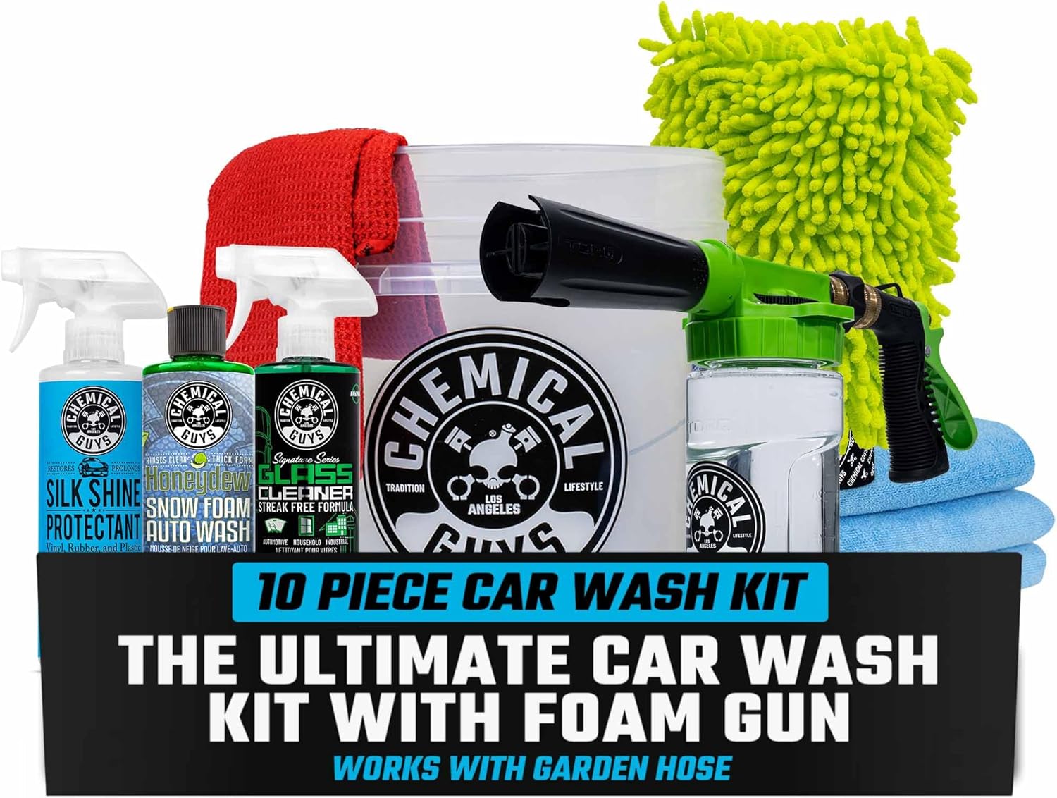 711MrUwMPKL._AC_SL1500_.jpg Chemical Guys 10-Piece Arsenal Builder Car Wash Kit with Foam Gun, Bucket, and 3 - 16 fl oz Car Care Products & Chemicals - Works with Garden Hose for Trucks, SUVs, Motorcycles, and More - Image 1