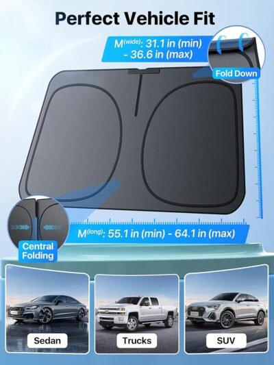 2026 Upgraded Nmoiss Car Windshield Sun Shade [Dot Matrix Reflective Coating] Extended Edge No Light Leakage Design Cooling Protect Car Interior from UV Damage Small - Image 6