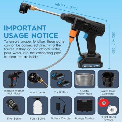 18 bar Cordless Pressure Washer, 6L/min Portable High Pressure Electric Washer with 2 Batteries, 6 in 1 Nozzle Cordless Battery High Pressure Washer, Sprays 6-10m Away, for Car/Patio/Floor Cleaning - Image 8