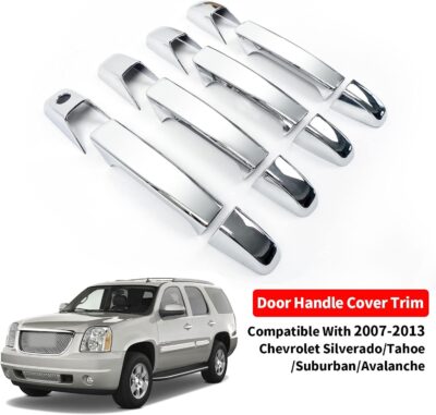 Chrome Door Handle Covers Trim Compatible with Chevrolet Silverado Tahoe Suburban Avalanche 2007-2013 GMC Yukon Sierra 2007-2014 Escalade 2007-2014 for 4 Doors Without Passenger Keyhole - Image 2
