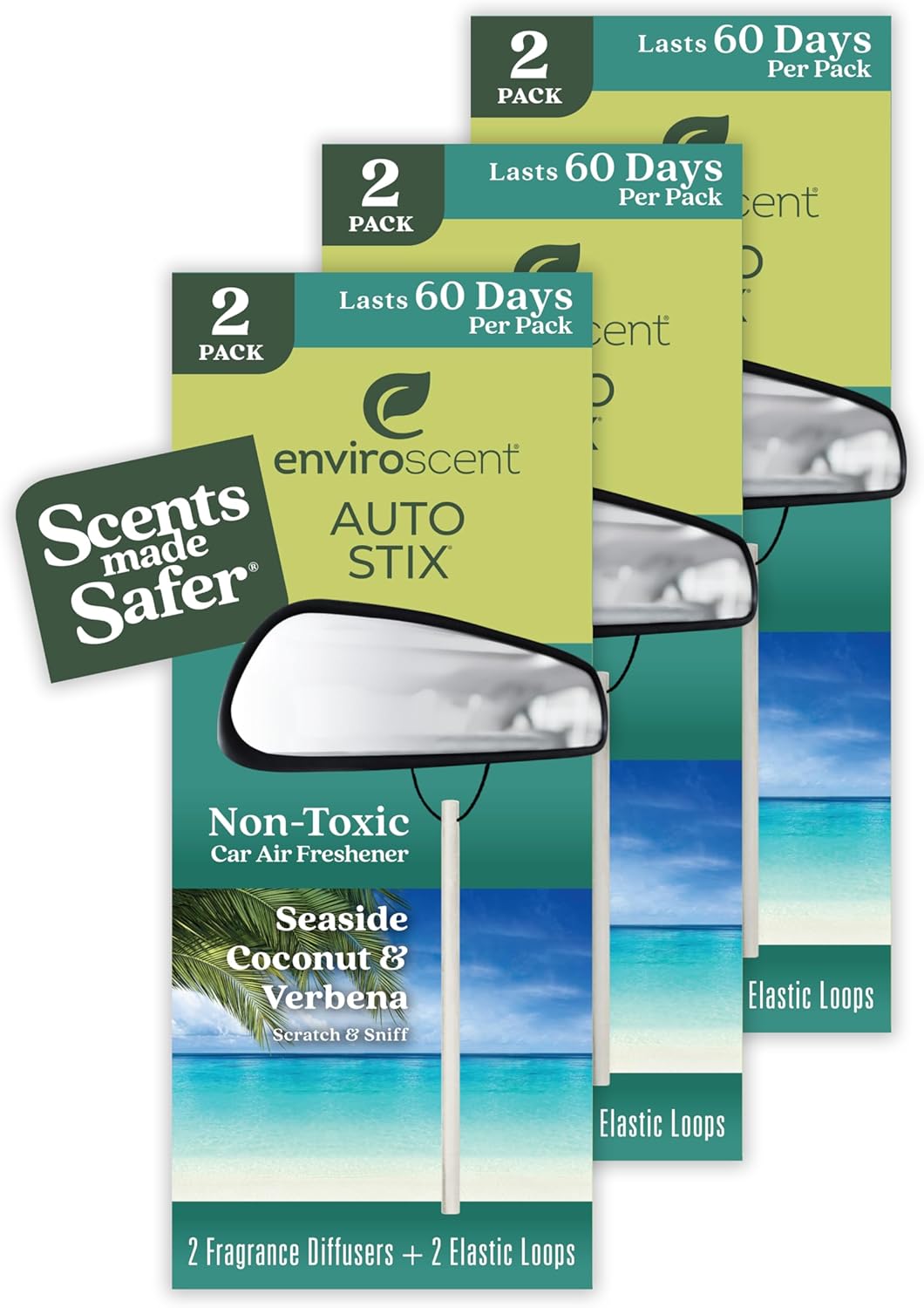 711enYtFxxL._AC_SL1500_.jpg Enviroscent Non-Toxic* Car Air Freshener Auto Stix® - Scents Made Safer - Enjoy Fragrance Lasts Up to 180 Days - Includes Auto Stix® Diffusers & Elastic Loops - Seaside Coconut & Verbena (Pack of 3) - Image 1