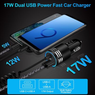 Android Car Charger Fast Charging Cord Type C 3.4A USB C Cigarette Lighter Adapter with Coiled Cable for Samsung Galaxy S26 S25 S24 S23 Z Flip 7 6 5 4 3 Z Fold 7 6 5 4 A17 A16 A35 A25 A15 A54 A14 A53 - Image 3