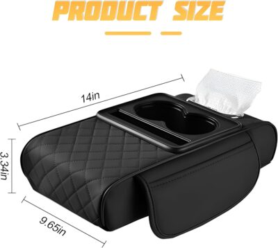Car Center Console Armrest Pillow, Memory Foam Leather 4 in 1 Vehicle Arm Rest Cover with Tissue Box 2 Side Storage Bag Cup & Phone Holder, Auto Armrest Cushion, Universal Fit (Black) - Image 2