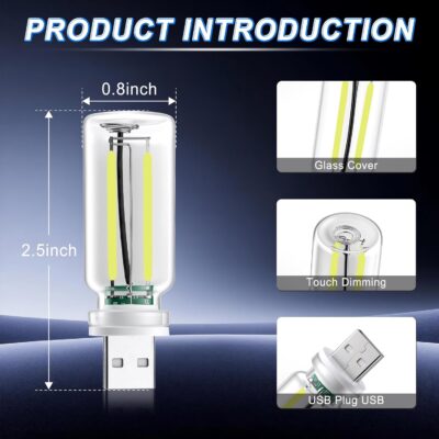 Car Interior USB LED Night Light, Portable Touch dimmable Car Ambient Lighting Kit, Retro Mini Transparent Glass Bottle Lamp Decorations for Vehicle Camping Bedroom Hallway, Pack of 2(White) - Image 3