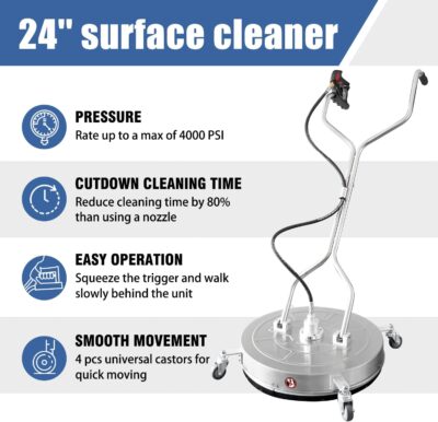 JANZ 24'' Pressure Washer Surface Cleaner with 4 Wheels,Dual Handle,Stainless Steel Housing, 4 Replacement Nozzle Cores and 2 Hose Adapters,Ideal for Driveways, Sidewalks,Patios,Decks Cleaning - Image 2
