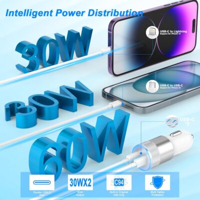iPhone Car Charger Fast Charging, [Apple MFi Certified] 60W Dual USB-C Power Cigarette Lighter Car Charger+Type-C Cable&Lightning Cable for iPhone 16 15 14 13 12 Pro Plus XS XR iPad, Samsung, Carplay - Image 2