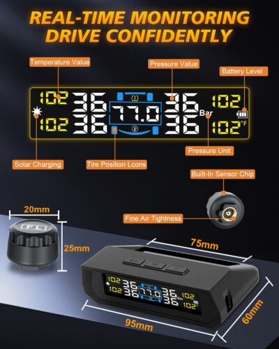 RV Tire Pressure Monitoring System, Wireless TPMS with Solar Charger and USB, 4 Sensors and 6 Alarm Modes Real-time Color LCD Display Tire Pressure Monitor System for SUV Mpv Sedan Truck - Image 5
