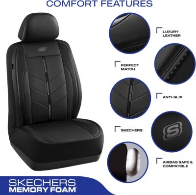 Skechers Car Seat Covers,Luxury Faux Leather Seat Covers,Waterproof Anti Slip Car Seat Protector Front Seats,Car Accessories Airbag Universal Fit for Most Cars,Vans,Trucks,SUV,Black - Image 3