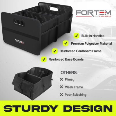 FORTEM Car Trunk Organizer, Collapsible Two Compartment Organizer, Foldable SUV & Truck Storage for Car Accessories for Women Men, Non Slip Bottom, Sturdy Side Walls, Strong Handles, 60L - Image 7