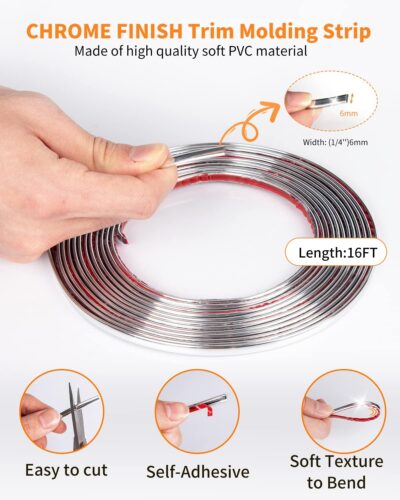 16Ft Chrome Car Trim Strip, Self-Adhesive Automotive Exterior and Interior Side Body Moulding, 1/4 inch (6mm) Scratch-Proof Silver DIY Accessories for Decorate Bumper Door Window - Image 3