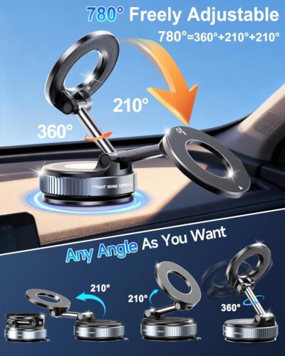 Upgraded Vacuum Magnetic Car Phone Holder for Your Car [120LBS Ultra Suction Cup & 3000gf Magnet] 780° Adjustable Foldable Cell Phone Mount for Magsafe Dashboard Car Bracket Stand for iPhone & Android - Image 2