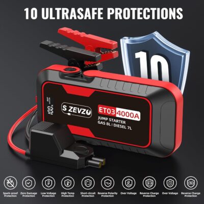 S ZEVZO ET03 Car Jump Starter 4000A Jump Starter Battery Pack for Up to 8.0L Gas and 7.0L Diesel Engines, 74Wh Portable 12V Jump Box with USB Ports, LCD Display, Storage Case, and LED Light - Image 5