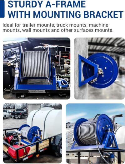 MEKOH Pressure Washer Hose Reel 3/8"x350ft, 5000PSI Hand Crank Power Washer Hose Reel for 1/4"x455ft, Heavy Duty Steel Hose Reel with Trailer/Wall/Van Mount, A-Frame Manual Reel for Water,M22 Fitting - Image 6