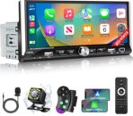 Single Din Car Stereo with Wireless Apple Carplay Android Auto, 6.9" IPS Touchscreen Car Stereo with Bluetooth 5.2 Handsfree Mirror Link Backup Camera GPS Navigation Dual USB Fast Charge FM AM EQ SWC